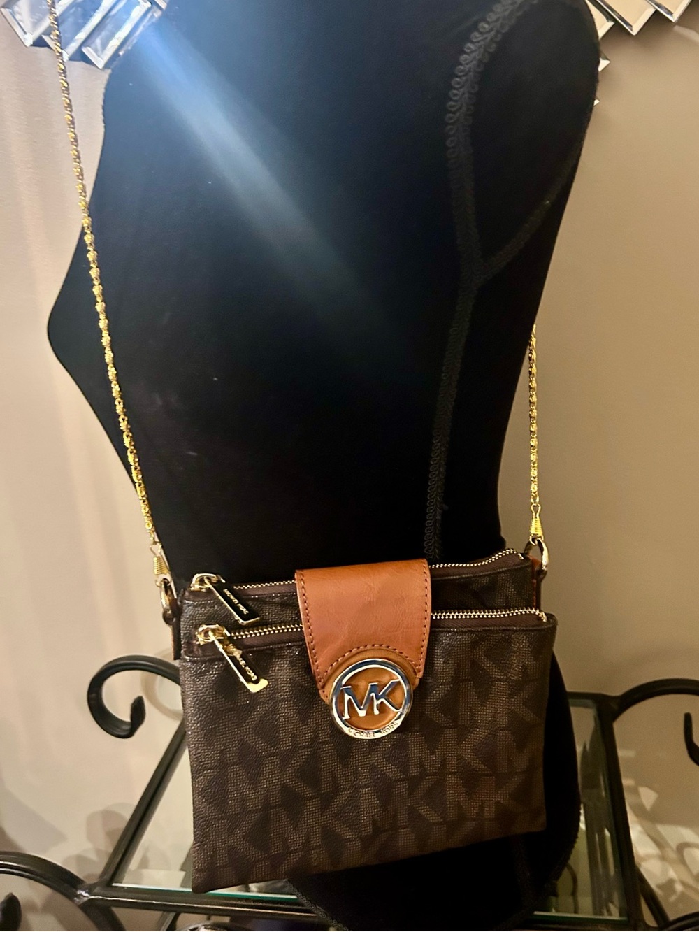 Michael Kors Brown & Tan Signature MK Crossbody with Gold Chain